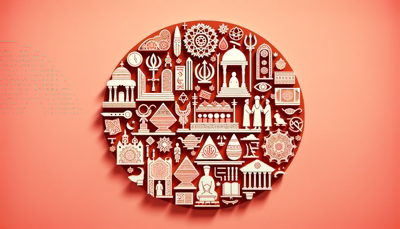 Papercut illustration of stylized Zoroastrian flame and Faravahar symbol on coral background for quiz on history and beliefs