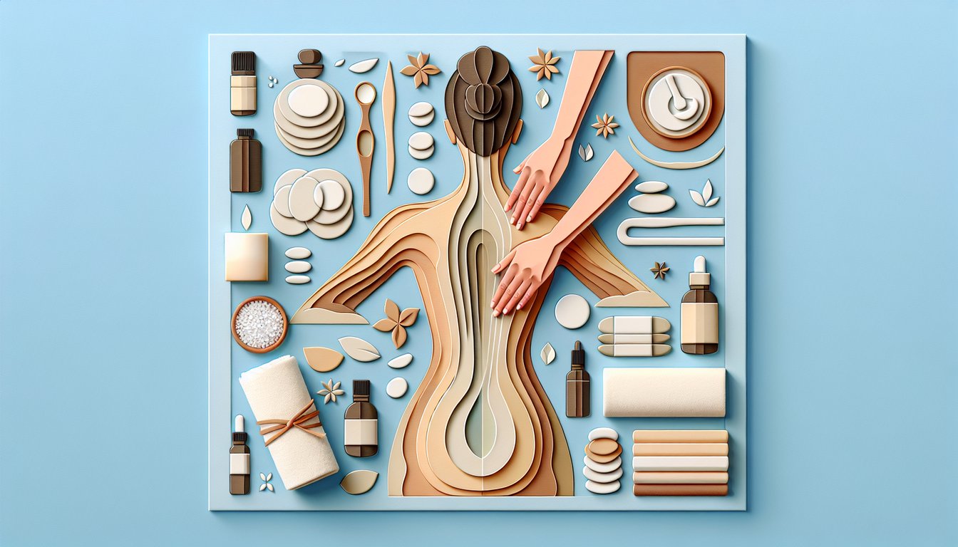 Paper art illustration for a massage techniques quiz on a sky blue background