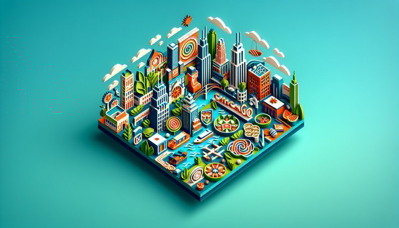 Paper art Chicago skyline with lifestyle icons and quiz prompt on teal background