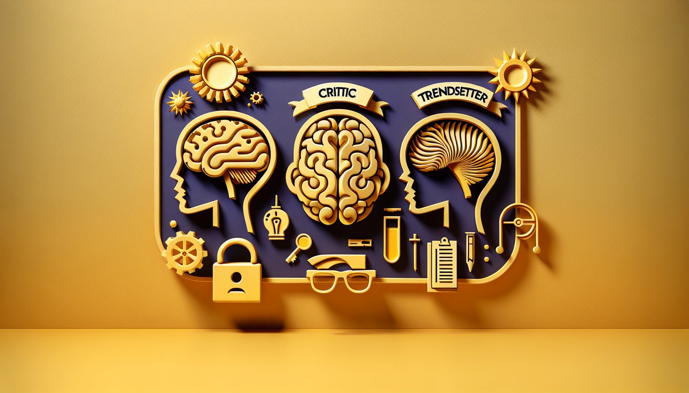 Paper art heads and icons on golden yellow background free quiz to find your Innovator Critic or Trendsetter personality