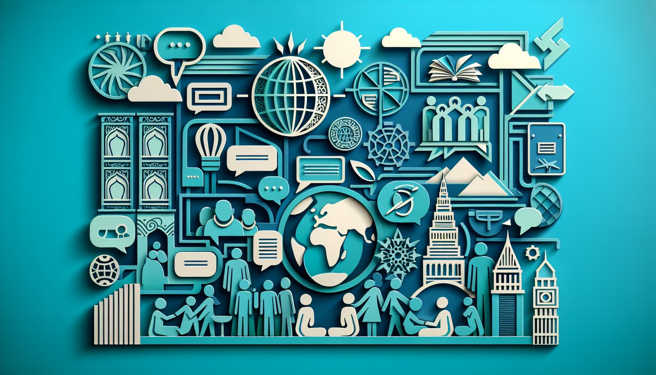 Paper art illustration of diverse hands holding flags globe speech bubbles for global communication quiz on teal background