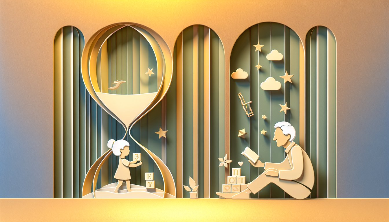 Paper art illustration for mental age quiz on a golden yellow background.