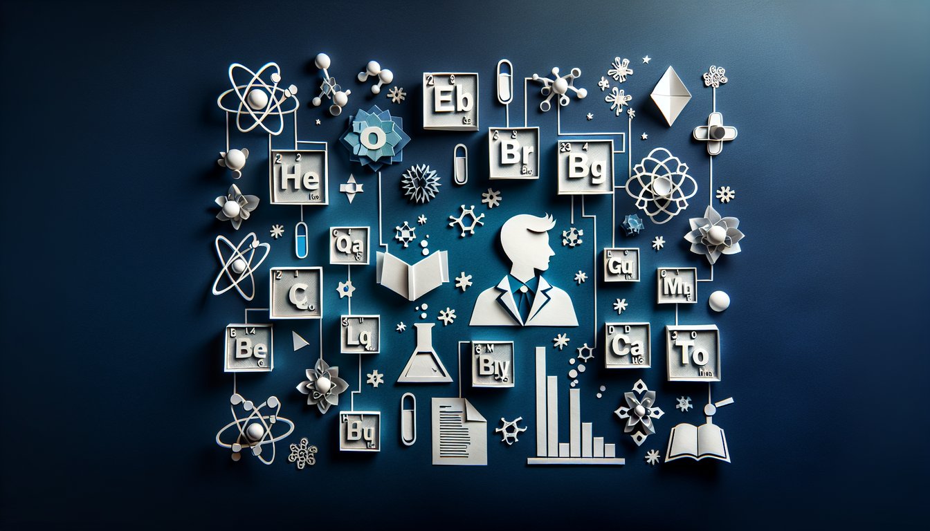 Paper art depicting a trivia quiz about Elemental Fill-In Frenzy, a high school chemistry game.