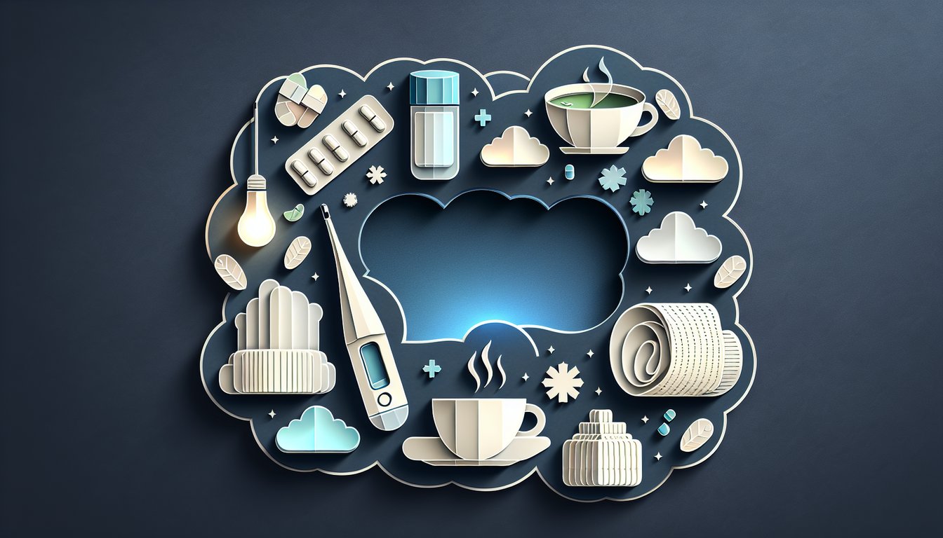 Paper cut style illustration on dark blue background showing thermometer symptom icons quiz fever check challenge insights