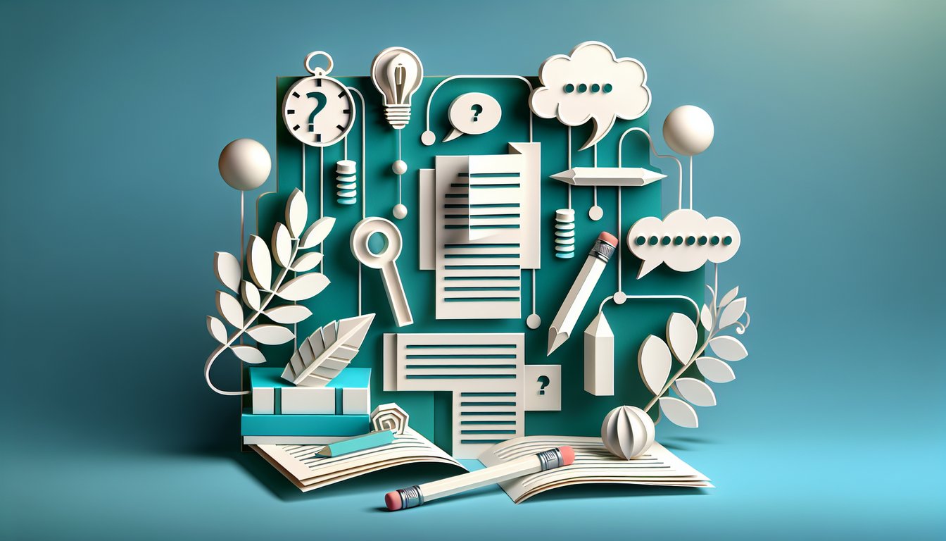 Paper art book and pencil icons for paragraph unity and coherence quiz on teal background