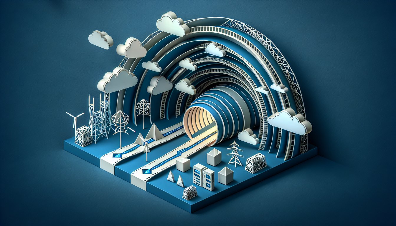 Paper art layered network tunnels and devices on dark blue background representing CCNA VPN tunneling quiz theme