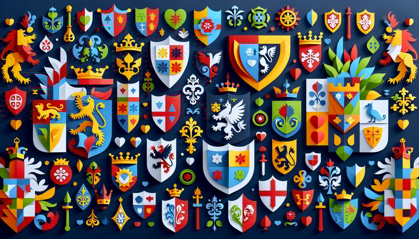 Colorful paper art depicting various heraldic symbols for a trivia quiz