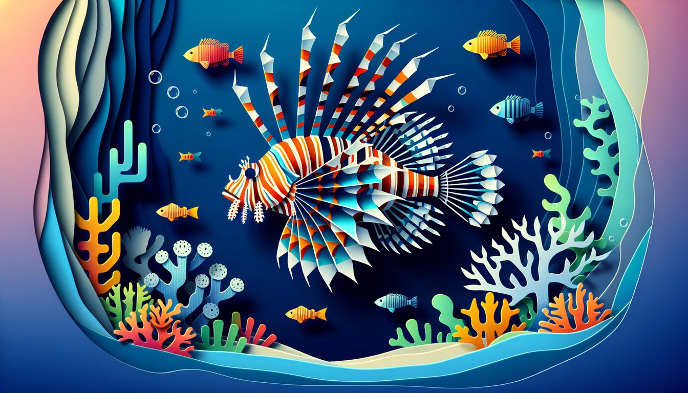 Colorful paper art depicting a lionfish, promoting a Lionfish Knowledge Quiz.
