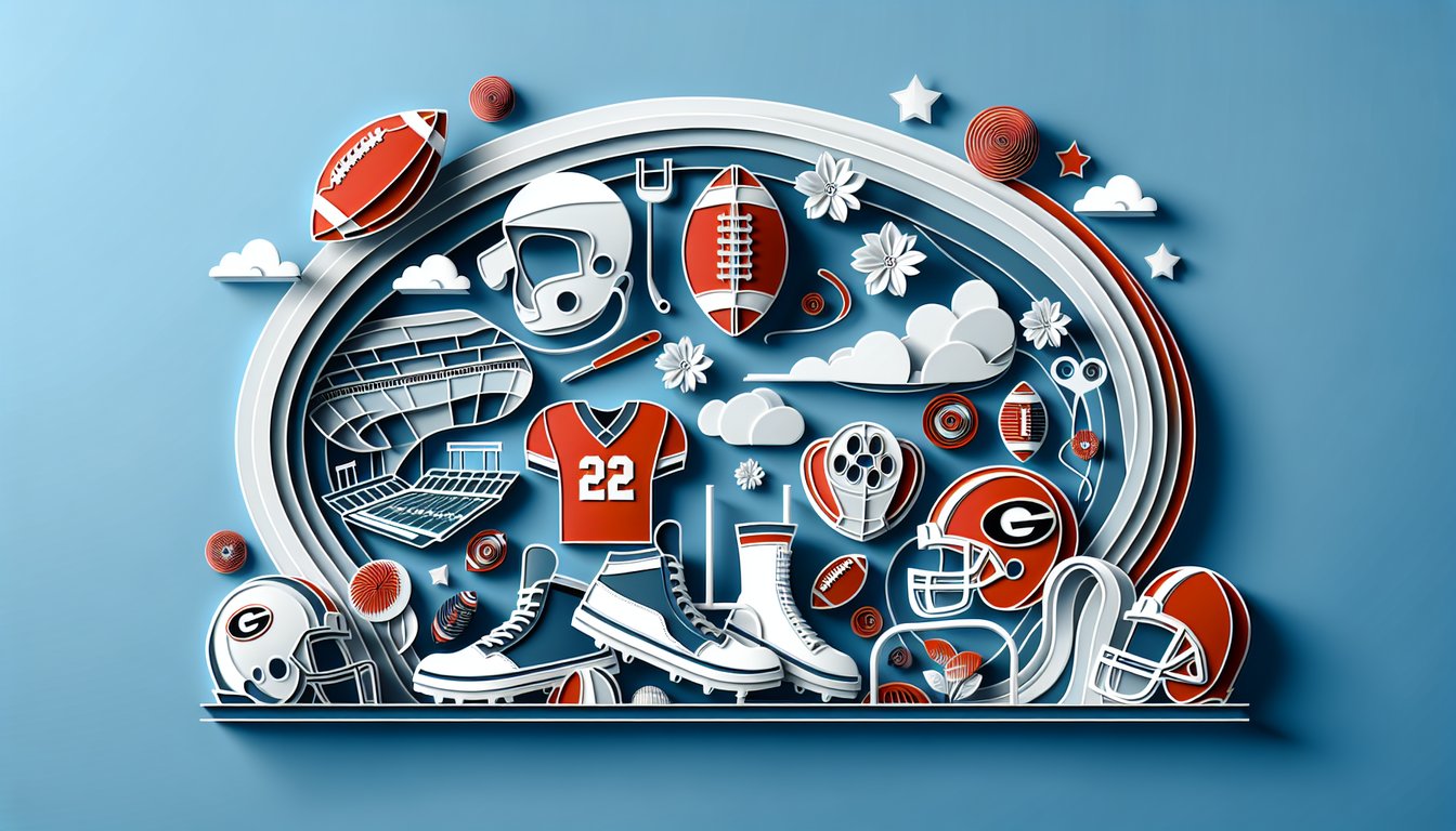 Paper art collage of Georgia Bulldogs football helmet trophy quiz icons on sky blue background