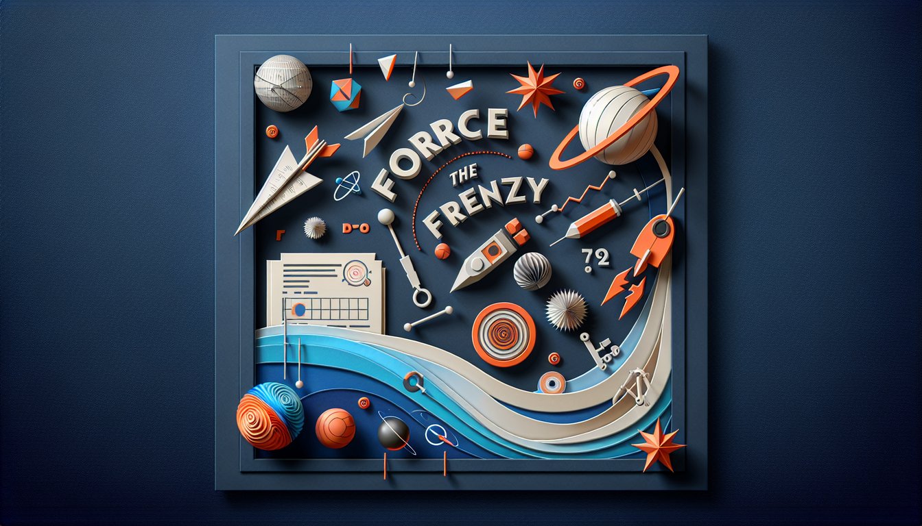 Colorful paper art promoting The Force Frenzy Quiz, a high school physics practice test.