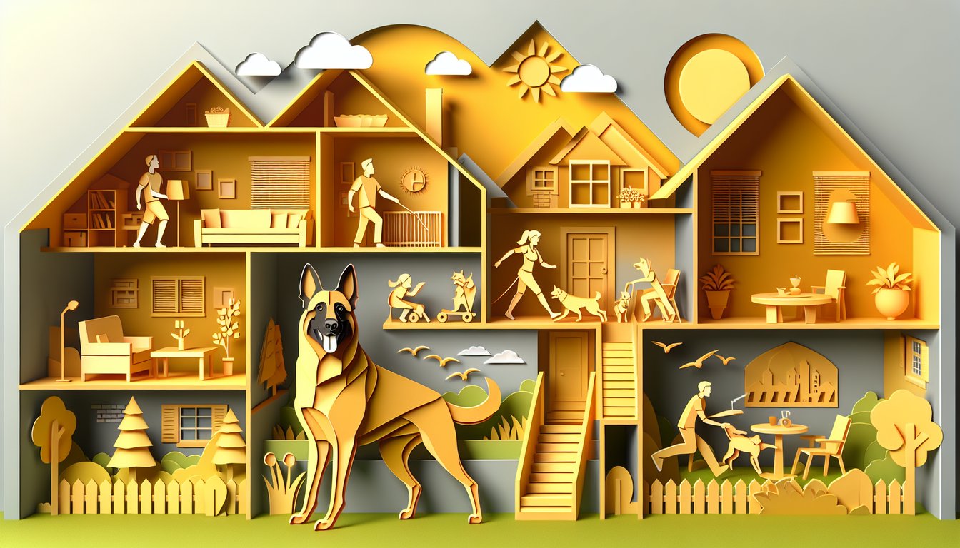 Paper art illustration showing Belgian Malinois dog with quiz title test lifestyle match on golden yellow background