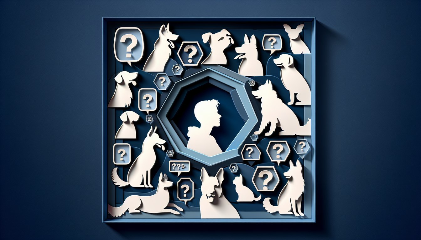 Paper art style dog head with quiz title and pup feelings prompt on dark blue background