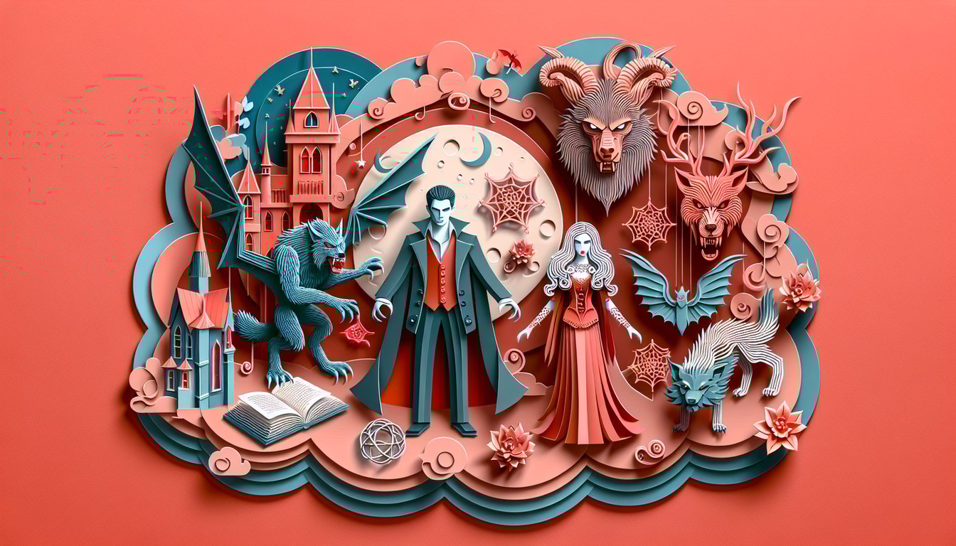 Paper art style vampire and werewolf silhouettes on coral background for twilight supernatural personality quiz