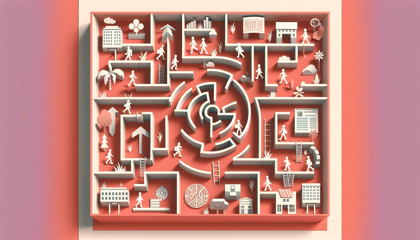 Paper art illustration maze runner form with compass icons for Maze Runner quiz uncovering Glader role on coral background