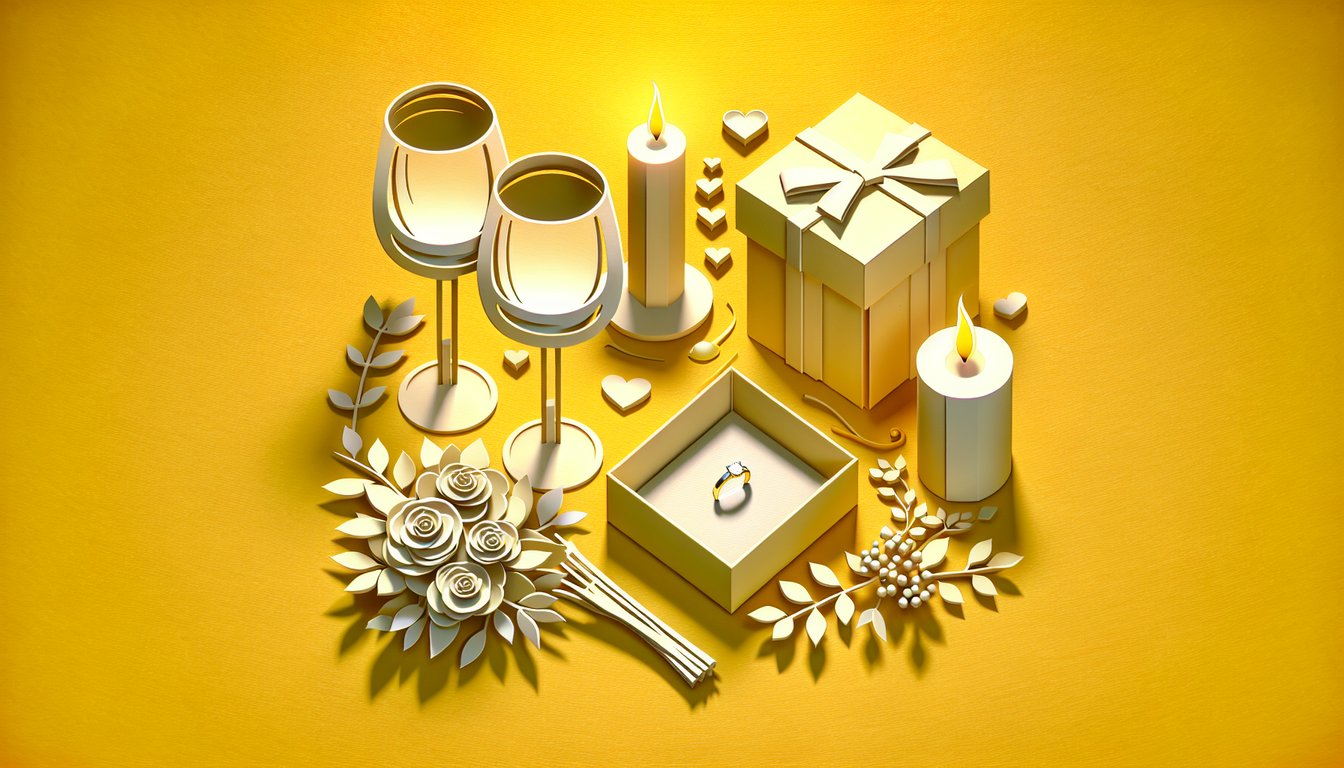Paper art engagement ring and paper hearts on golden yellow background for When Will He Propose quiz
