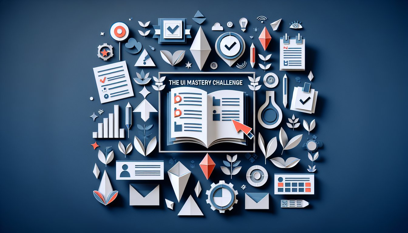Colorful paper art promoting UI Mastery Challenge trivia quiz.