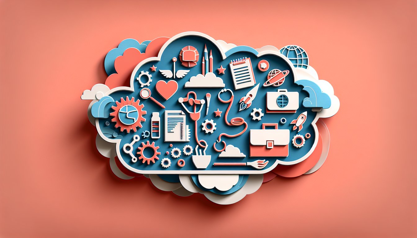 Paper art icons of laptop puzzle pieces question marks stars and arrows over coral background for career quiz.