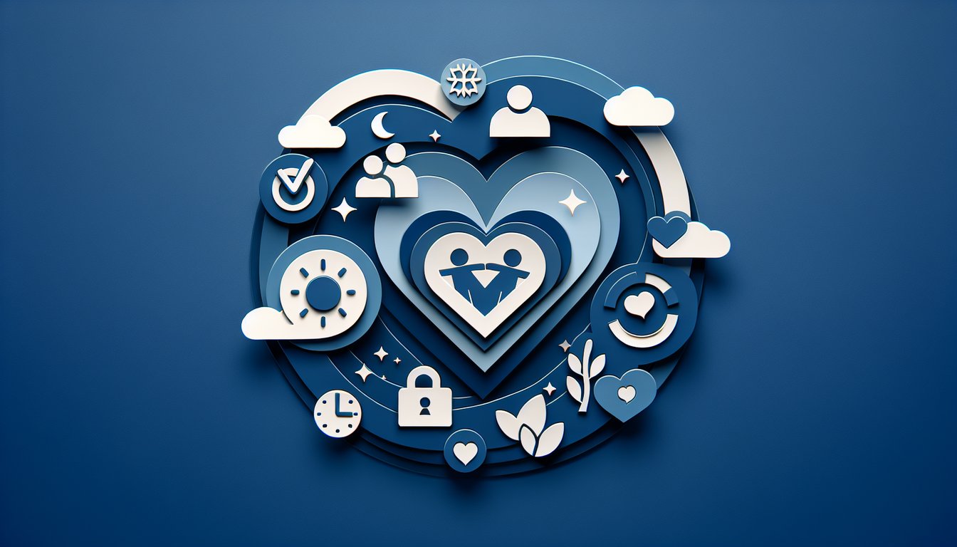 Paper cut style heart puzzle and speech bubble icons around a smiling couple silhouettes on a dark blue background.