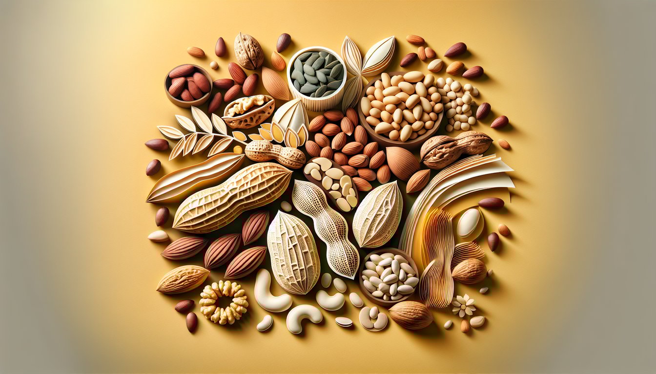 paper art collage of walnuts, almonds, pistachios, pumpkin seeds, sunflower seeds, beans on golden yellow background