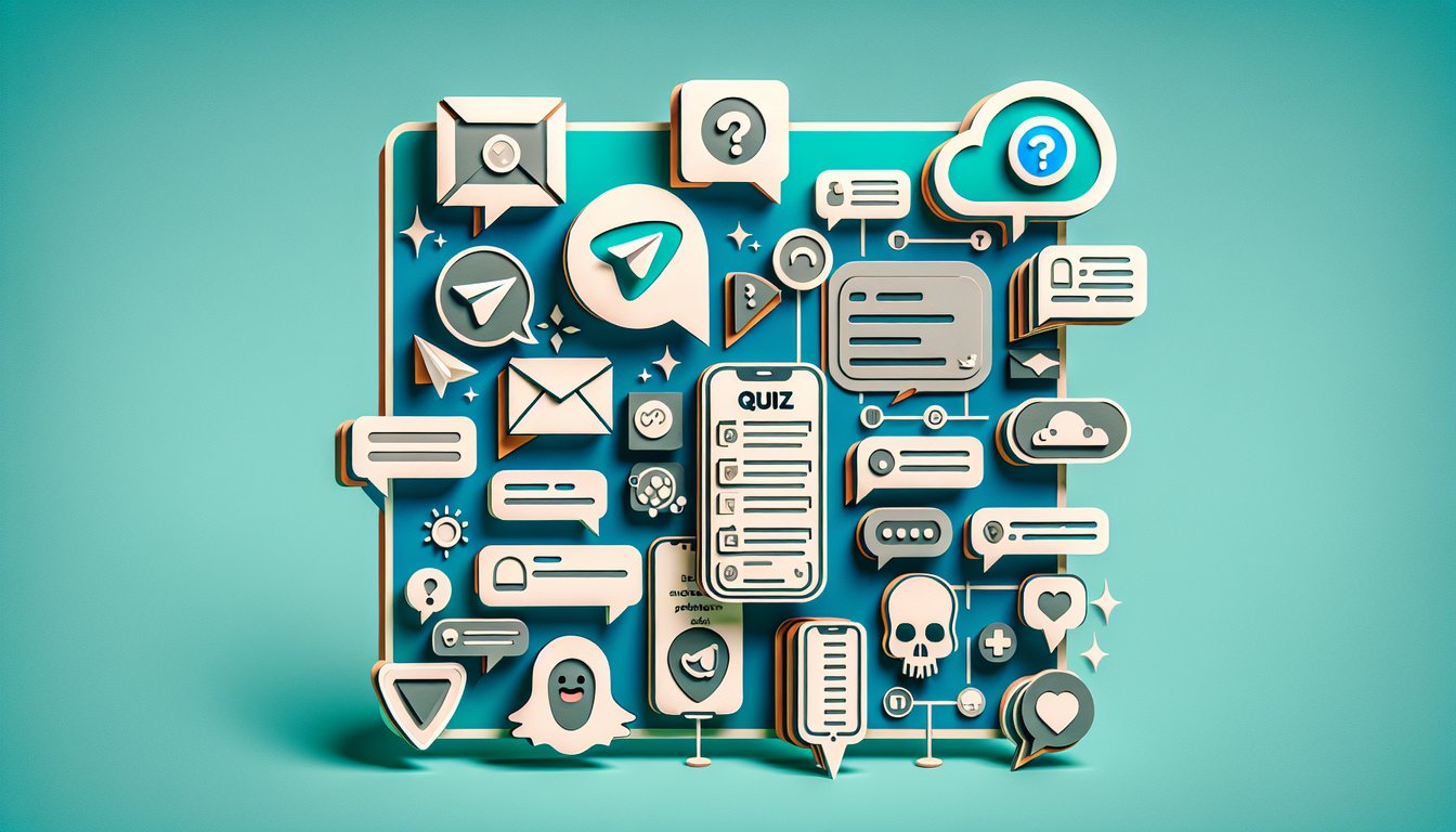 Paper art of chat bubbles stickers bot icons secret features on teal background for free Telegram trivia quiz