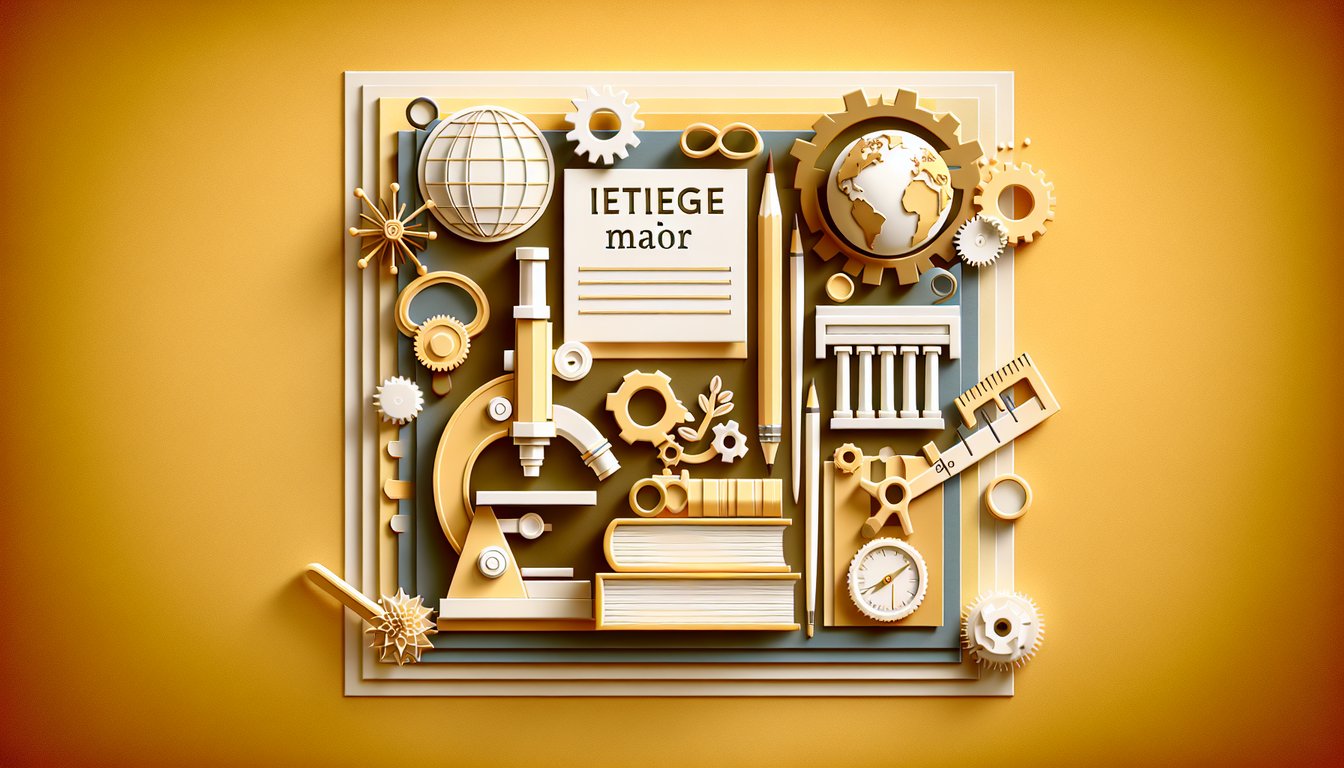Paper art question mark surrounded by academic icons on golden background inviting users to discover ideal college major.