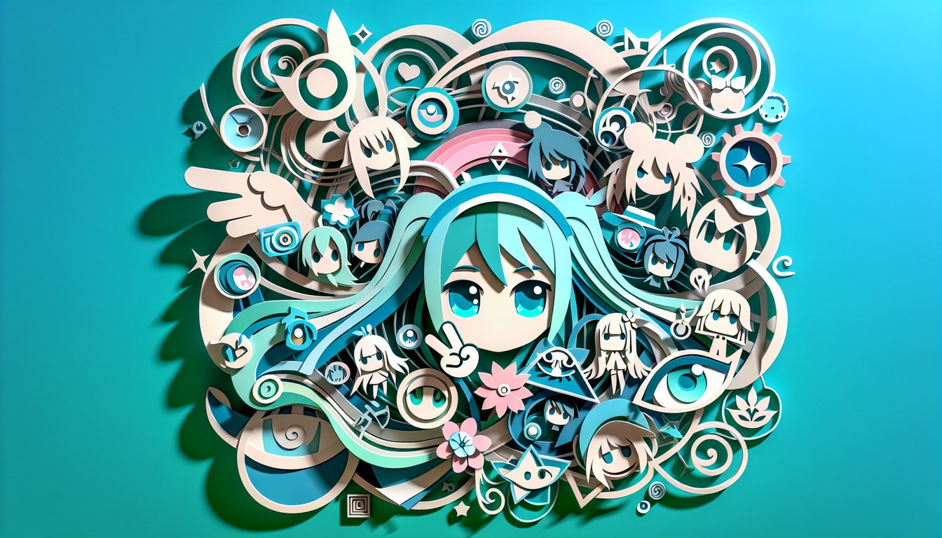 Paper art illustration for anime kin quiz on teal background