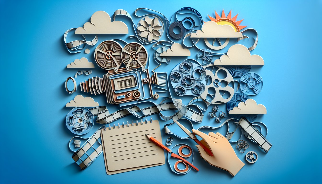Paper art showing pencil paintbrush cel frame and film reel on sky blue background for traditional animation quiz