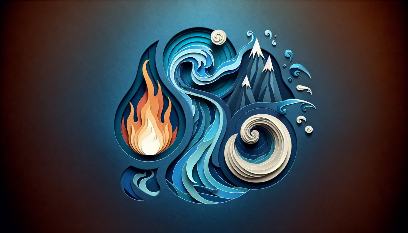 Paper art illustration for Avatar bending quiz on dark blue background