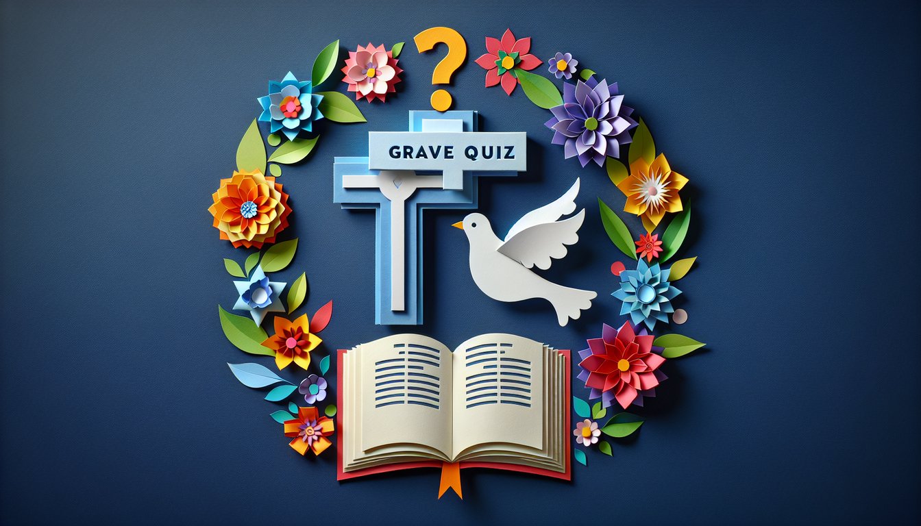 Colorful paper art featuring questions for Christian Grace Knowledge Quiz.