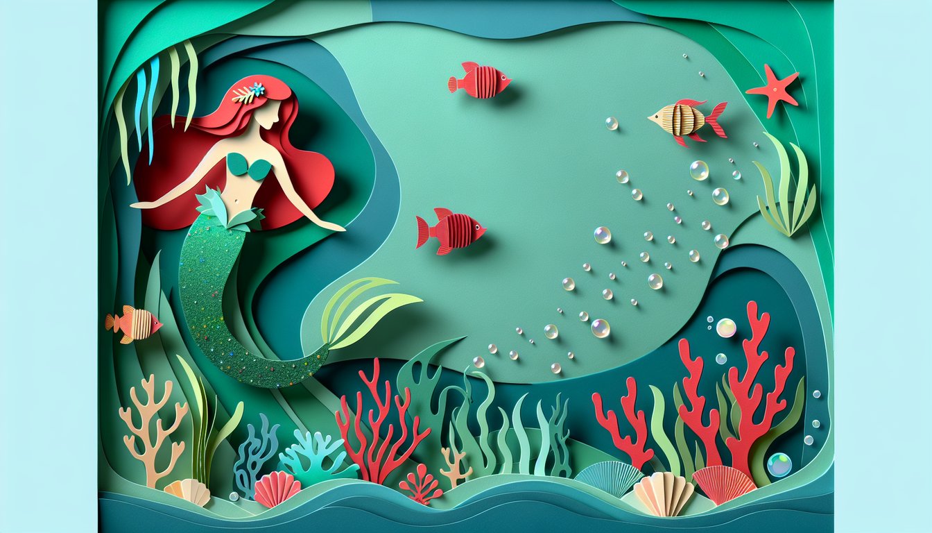 Paper art illustration for Little Mermaid trivia quiz on teal background