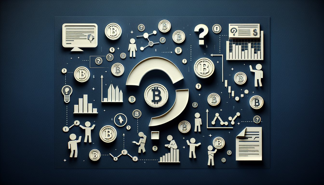 Colorful paper art depicting elements of cryptocurrency trading for a knowledge test quiz