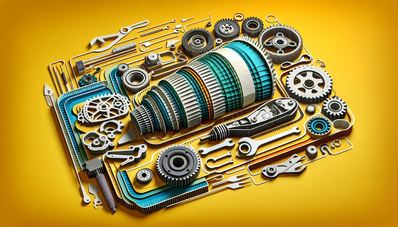 Paper art style transmission diagram with clutch and gear icons on golden yellow background promoting transmission quiz