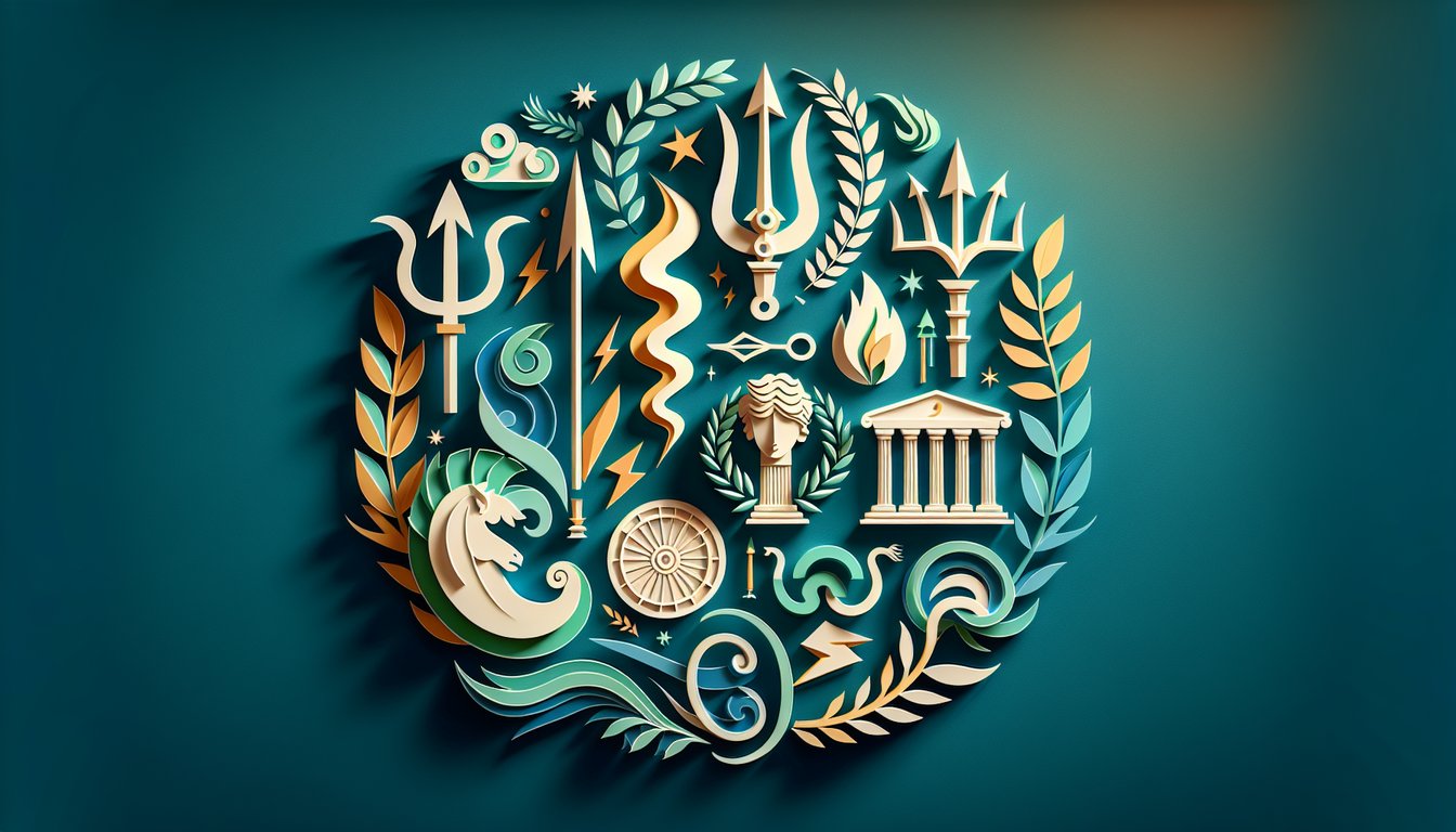 Paper art illustration for Percy Jackson themed quiz about discovering your divine Greek god parent on teal background.