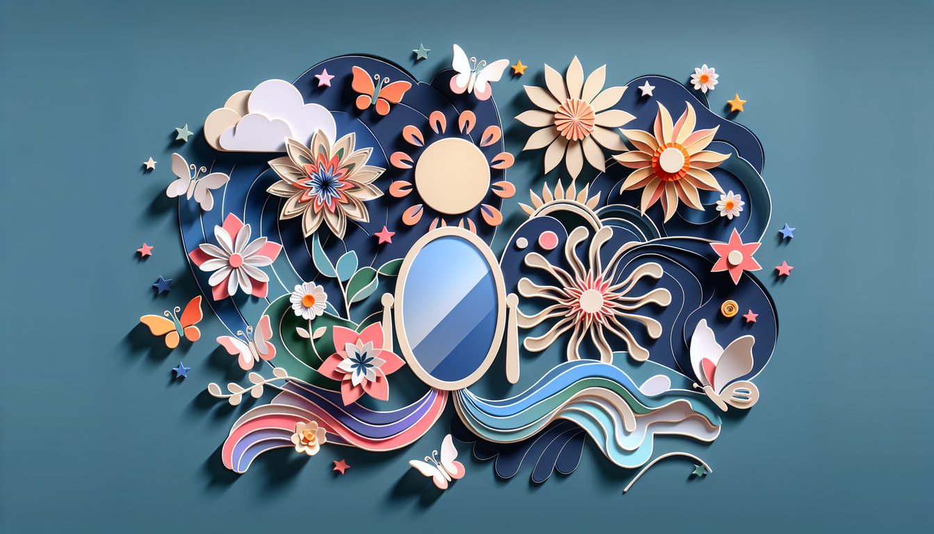 Paper art illustration for a beauty self-assessment quiz on a dark blue background