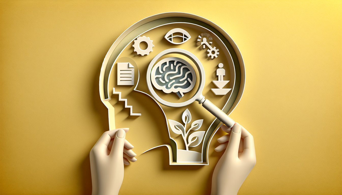 Paper art illustration for a mindset quiz on a golden yellow background
