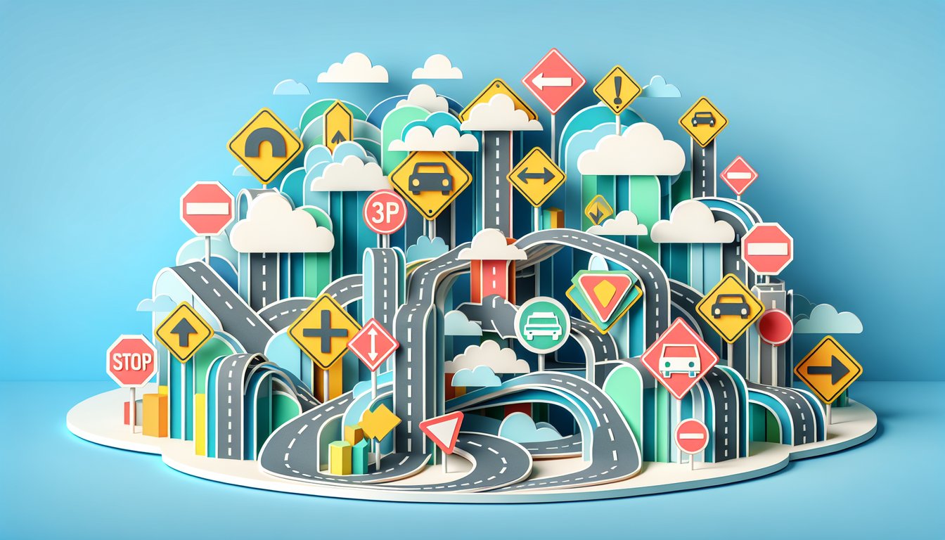 Paper art traffic signs with yellow pentagon red stop and blue rectangle on sky blue background for shapes and colors quiz