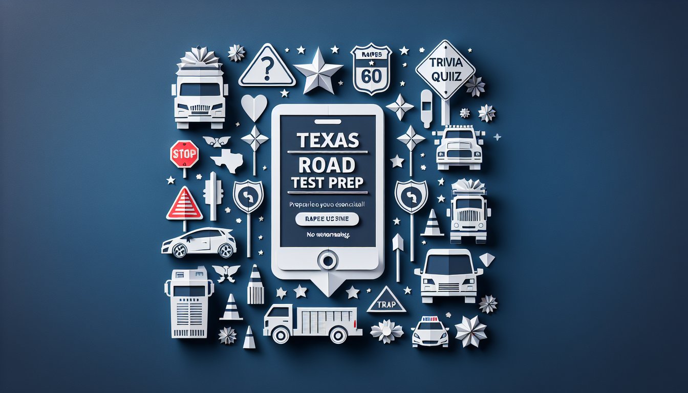 Colorful paper art promoting a Texas Road Test Prep interactive trivia quiz for prospective drivers.