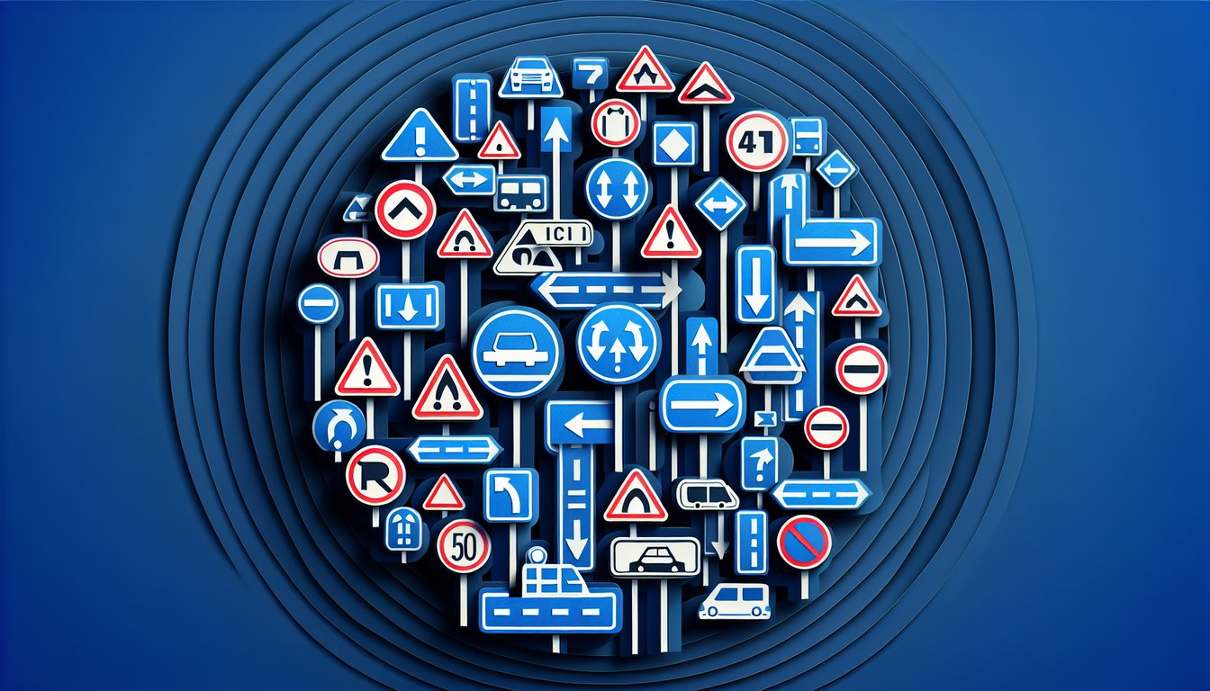 Paper art traffic sign cutouts of stop yield speed limit warning symbols with scored quiz title on dark blue background