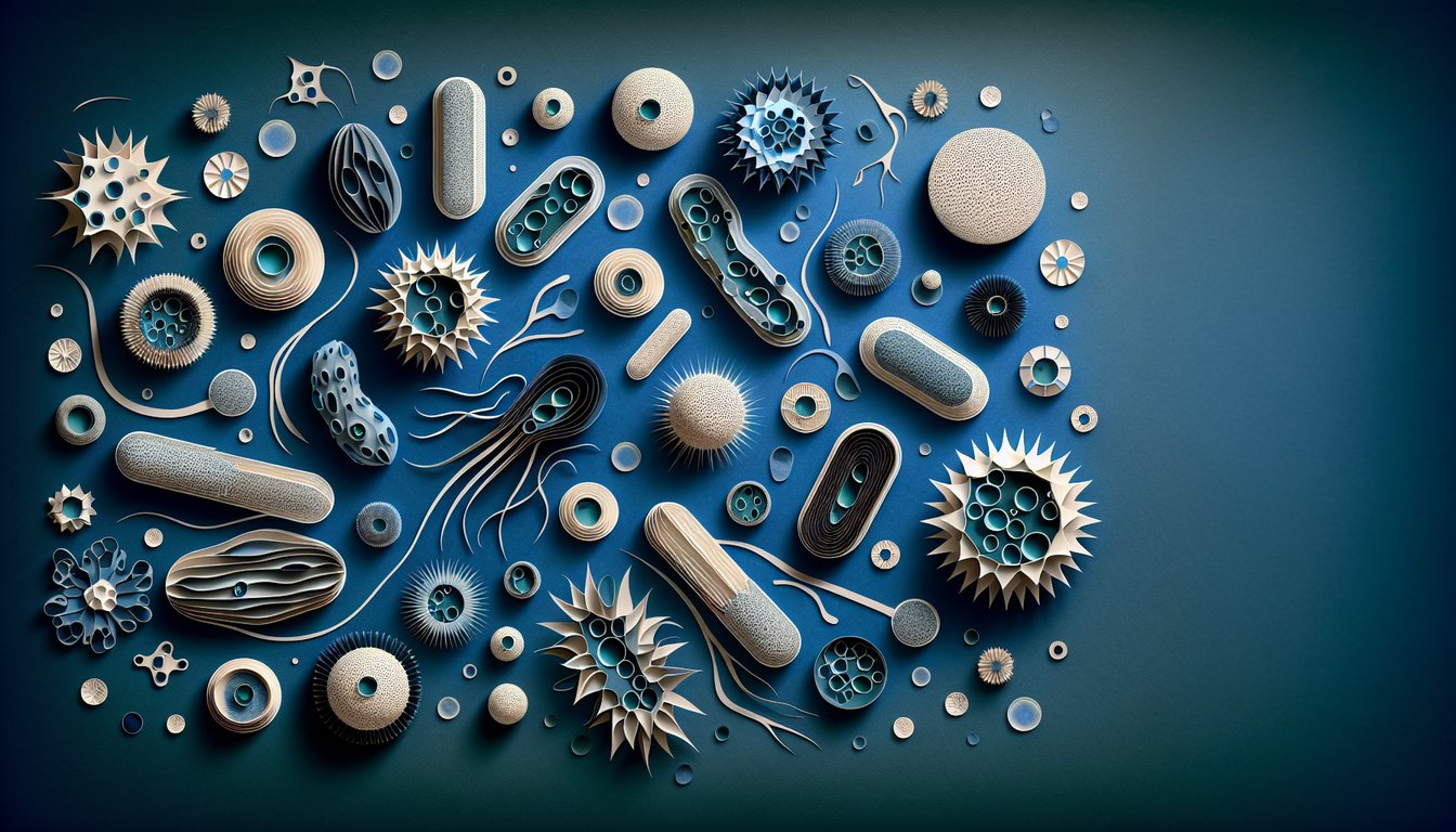 Colorful paper art promoting Spot the Prokaryote trivia for high school biology students.