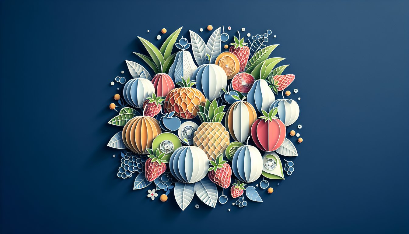 Paper art fruit collage on dark blue background with quiz inviting poem reading and questions.