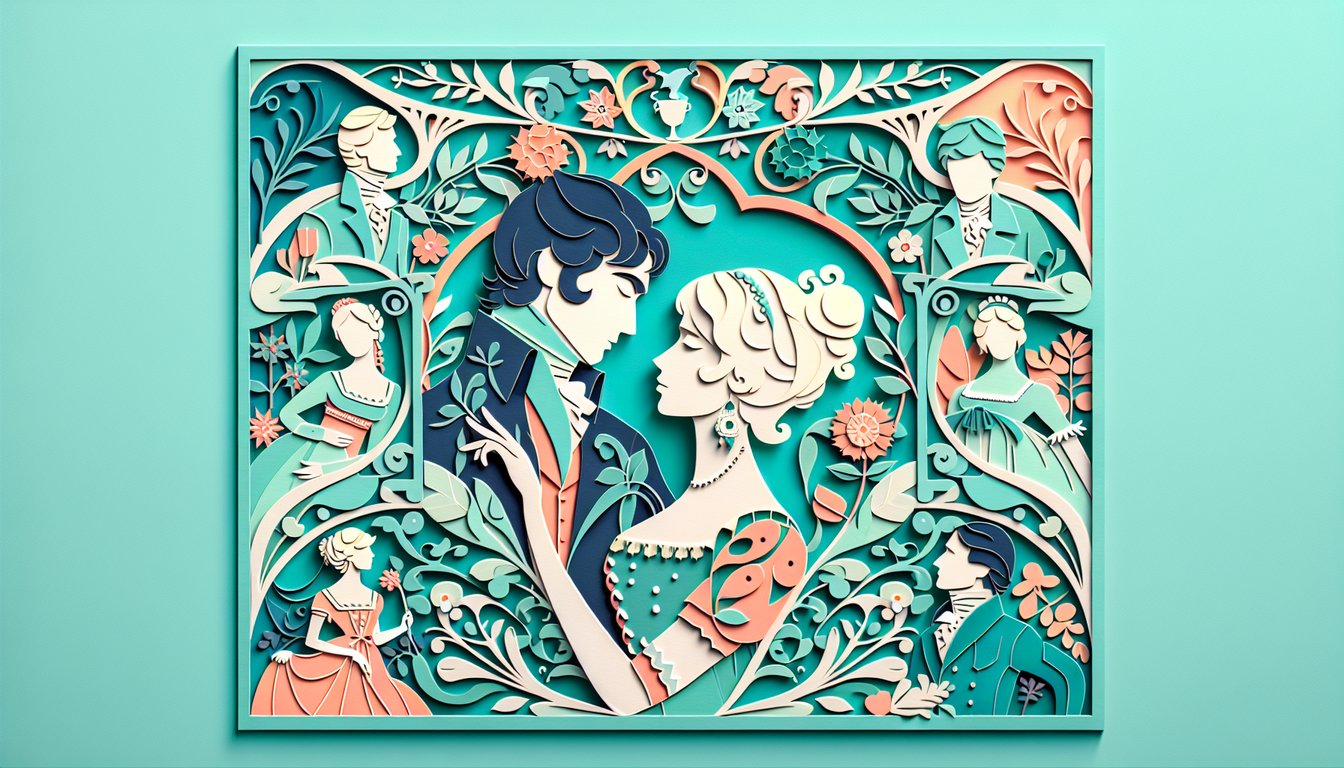 Paper art illustration for Bridgerton soulmate quiz on teal background with playful romantic text and floral accents