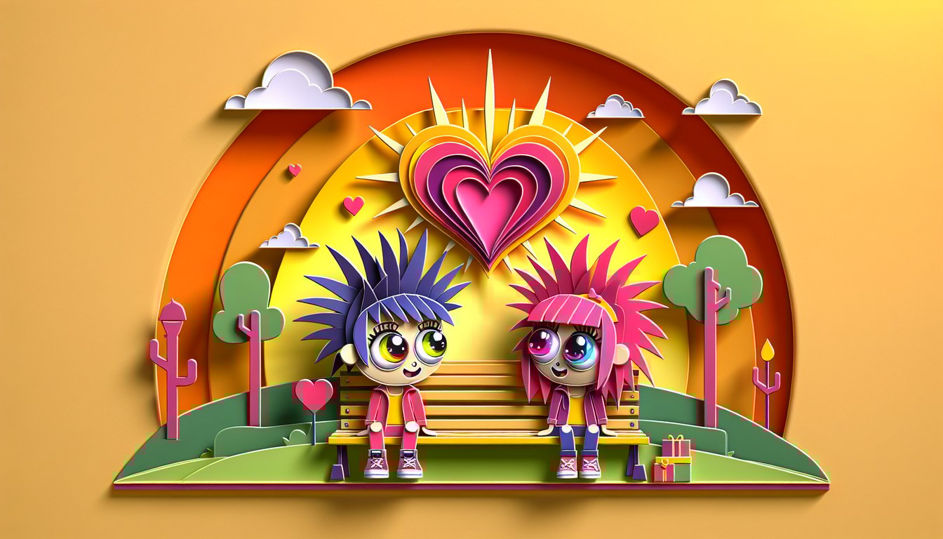 Paper art collage style Sonic Girl dating quiz design on golden yellow background with hearts and playful lettering