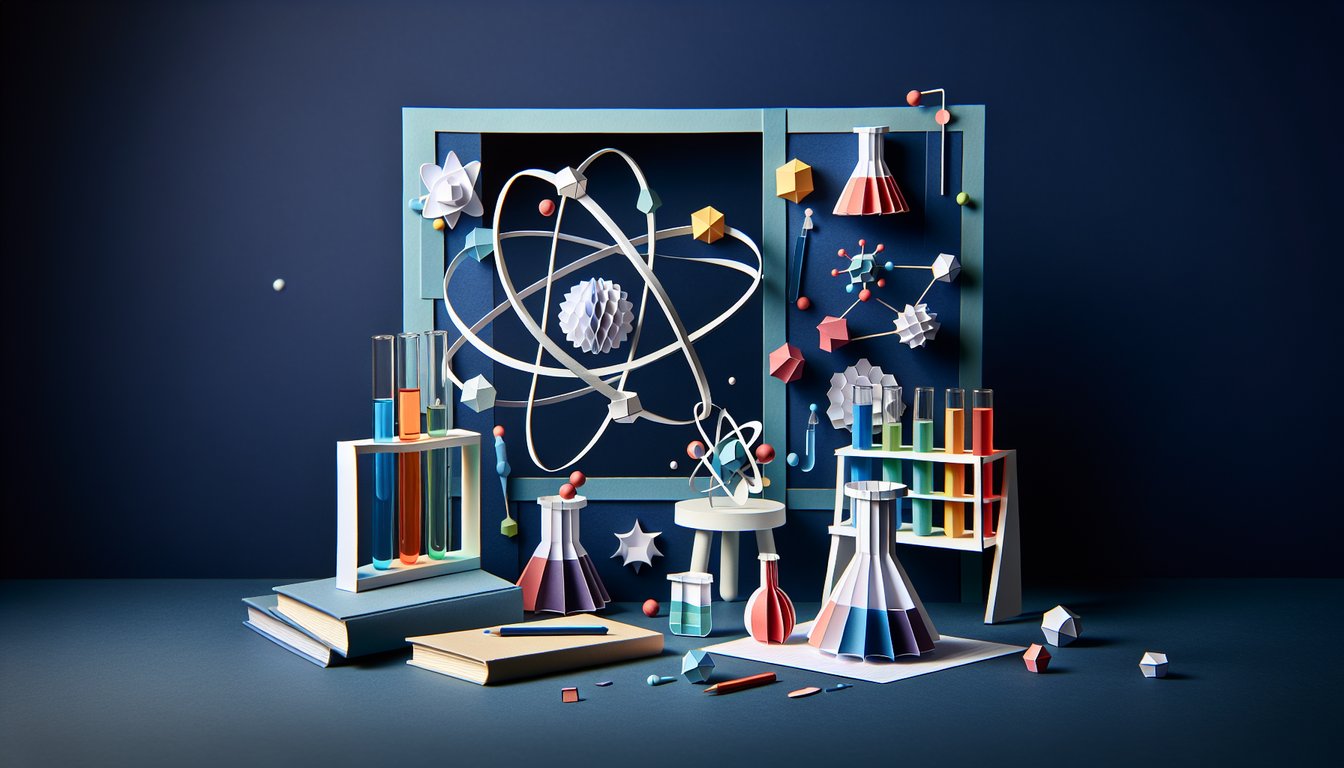 Colorful paper art promoting ACS Mastery Quiz for high school chemistry students.