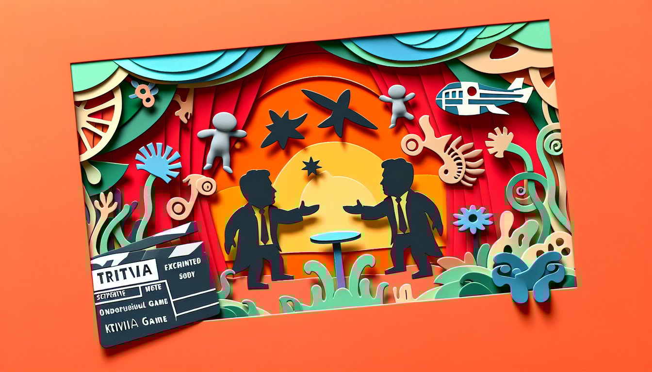 Paper art illustration with Norbit Movie Quiz title and playful paper cut characters on coral background.