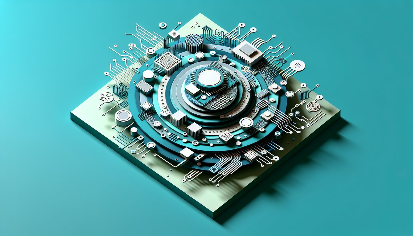 Paper art illustration of digital design elements and quiz questions on a teal background for a Verilog HDL skills challenge