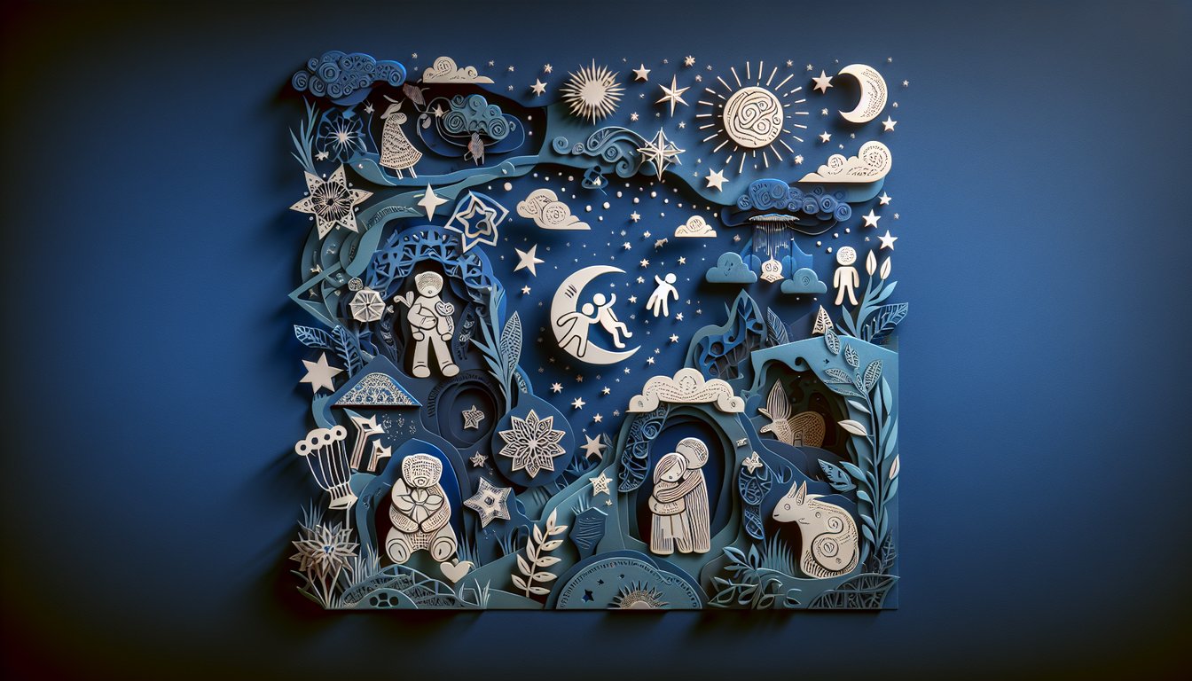 Paper art illustration of two people hugging on dark blue background for free cuddle positions quiz