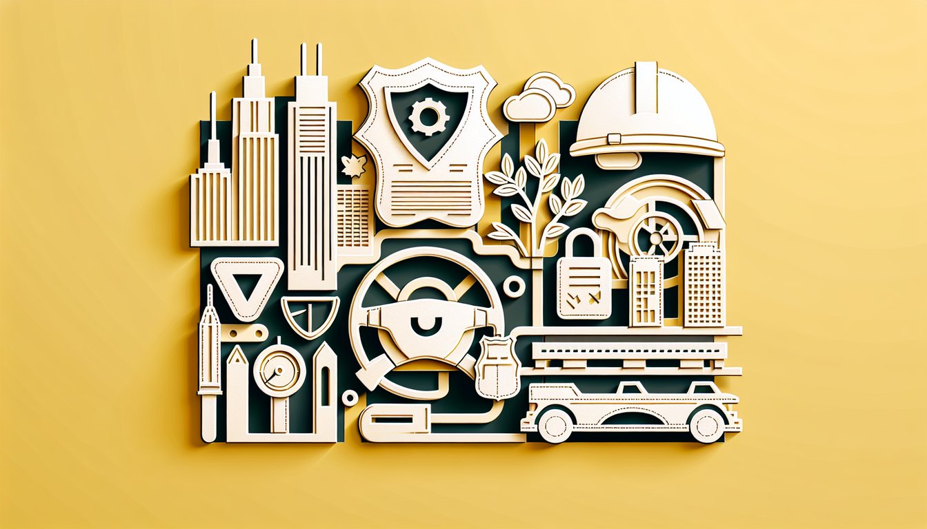 Paper art illustration for Chicago chauffeur license practice test quiz on golden yellow background
