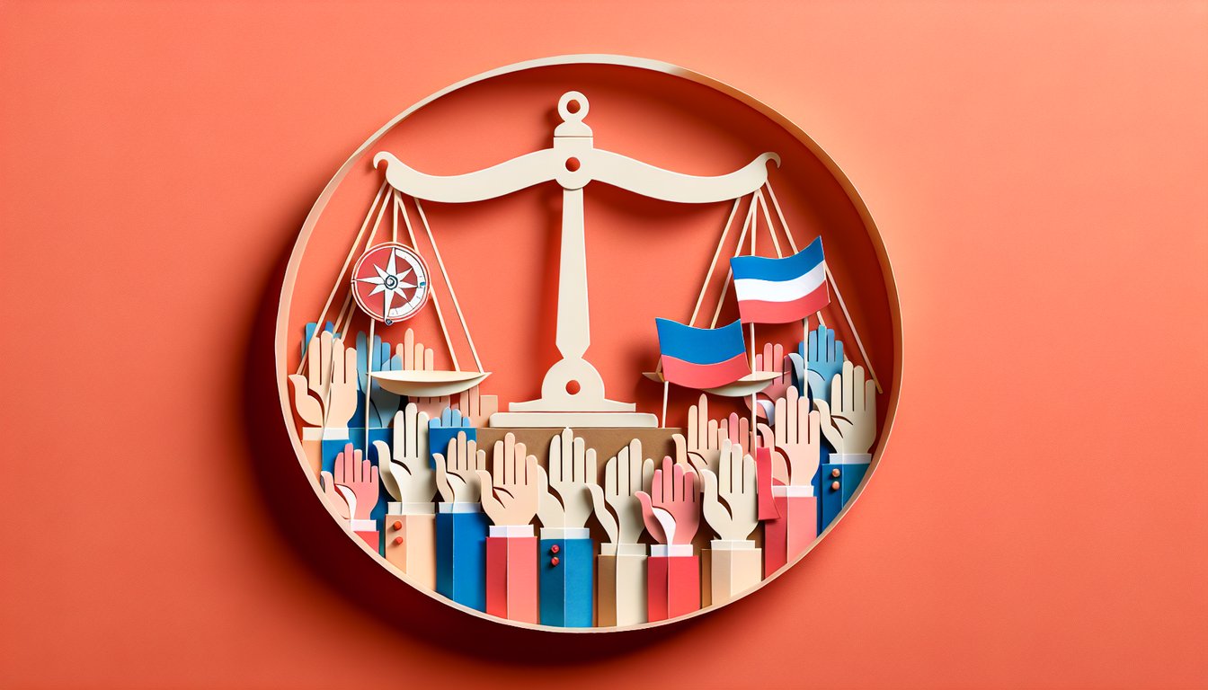 Paper art collage of US Capitol dome ballot box and voting icons on coral background for American political ideology quiz