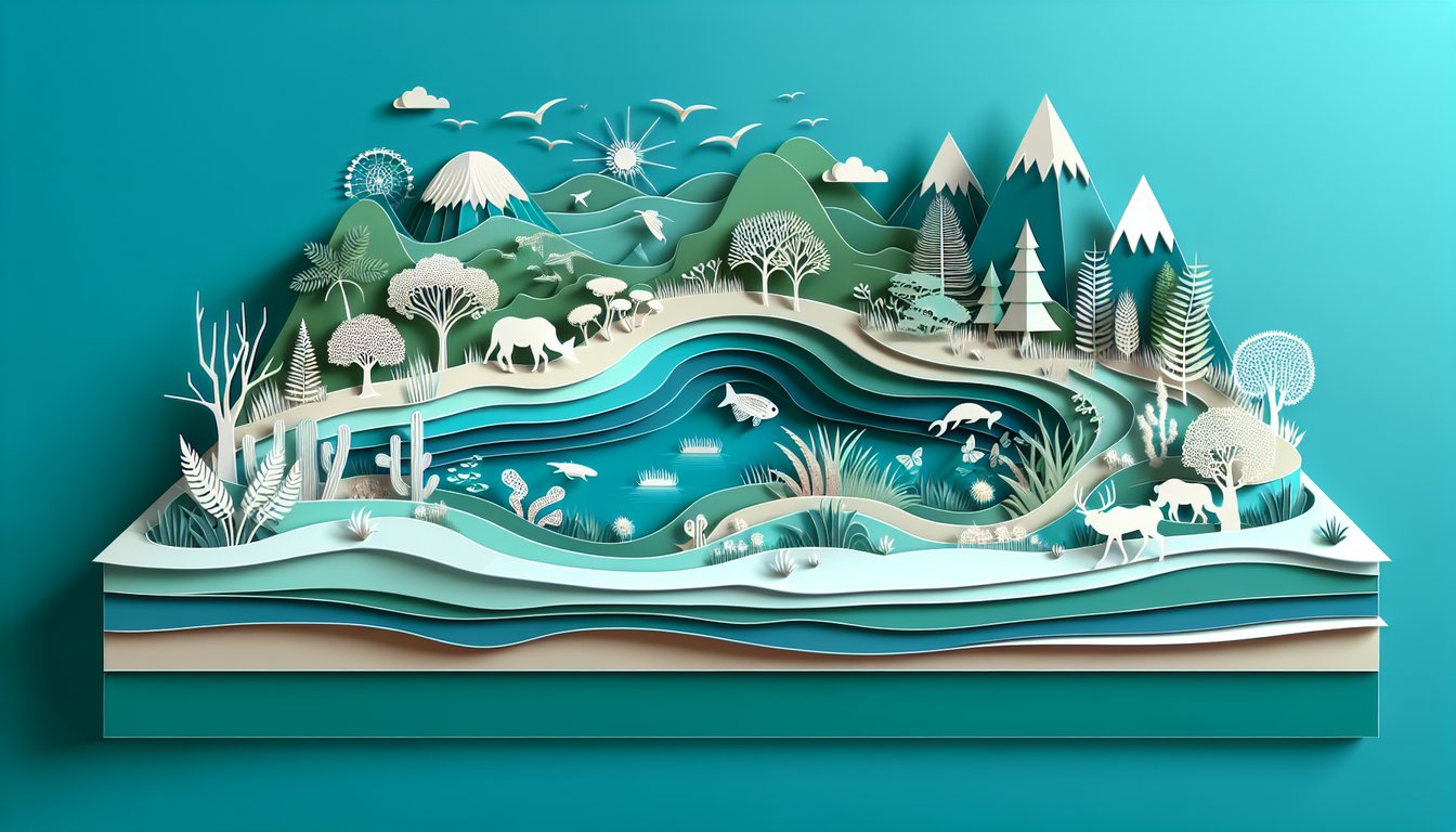 Paper art illustration with layered leaves trees promoting free ecology practice quiz on teal background