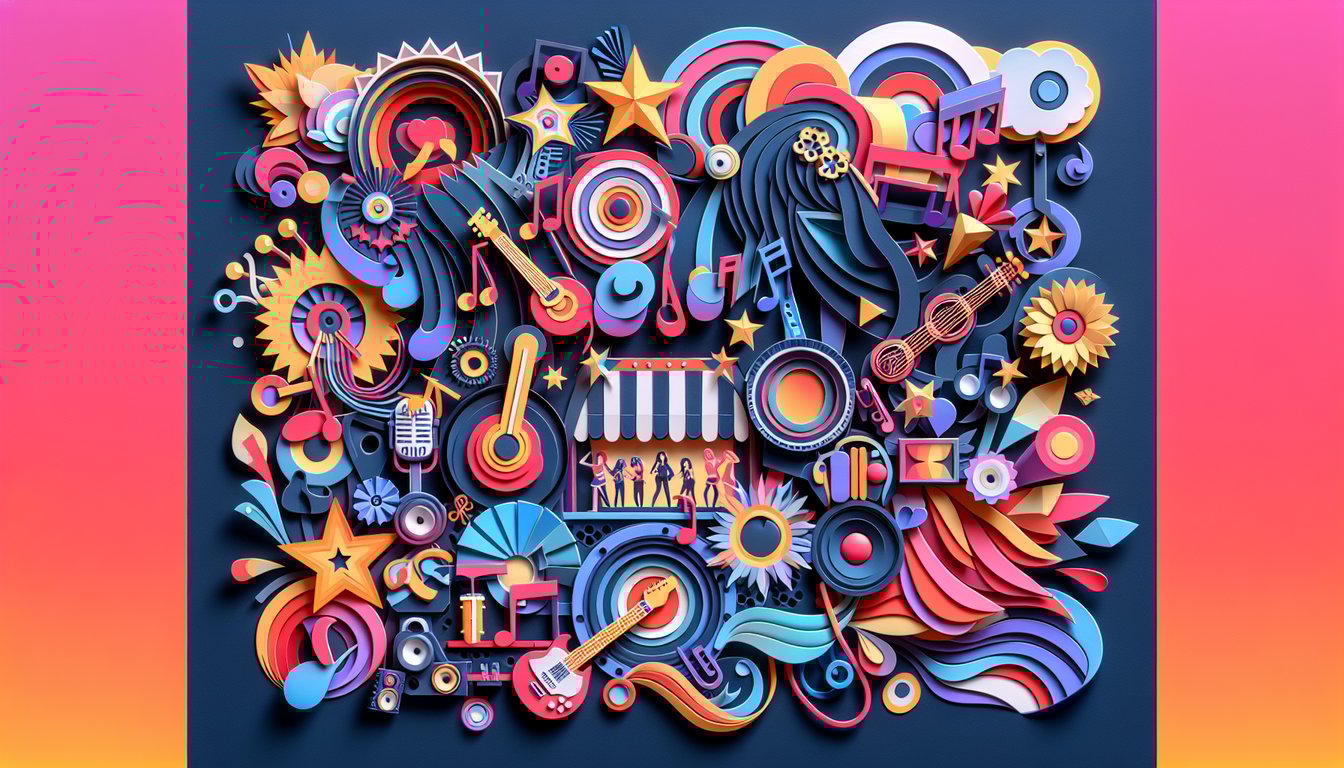 paper art style illustration of BTS silhouettes and colorful shapes on dark blue background for style personality quiz.